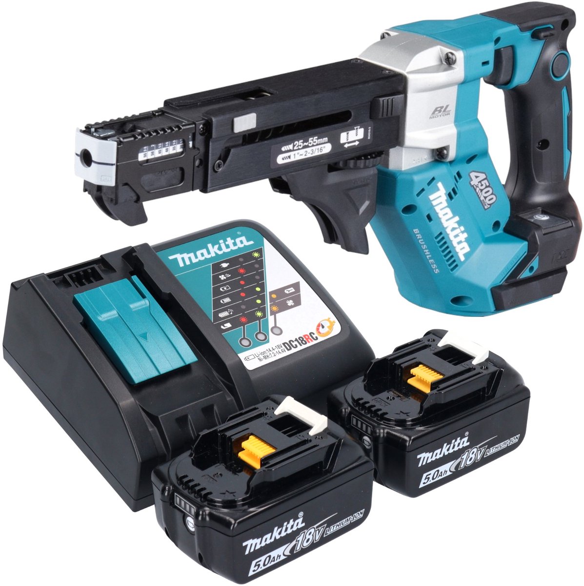 Makita DFR 552 RT accu-magazijnschroevendraaier 18 V 25 - 55 mm borstelloos + 2x accu 5.0 Ah + lader