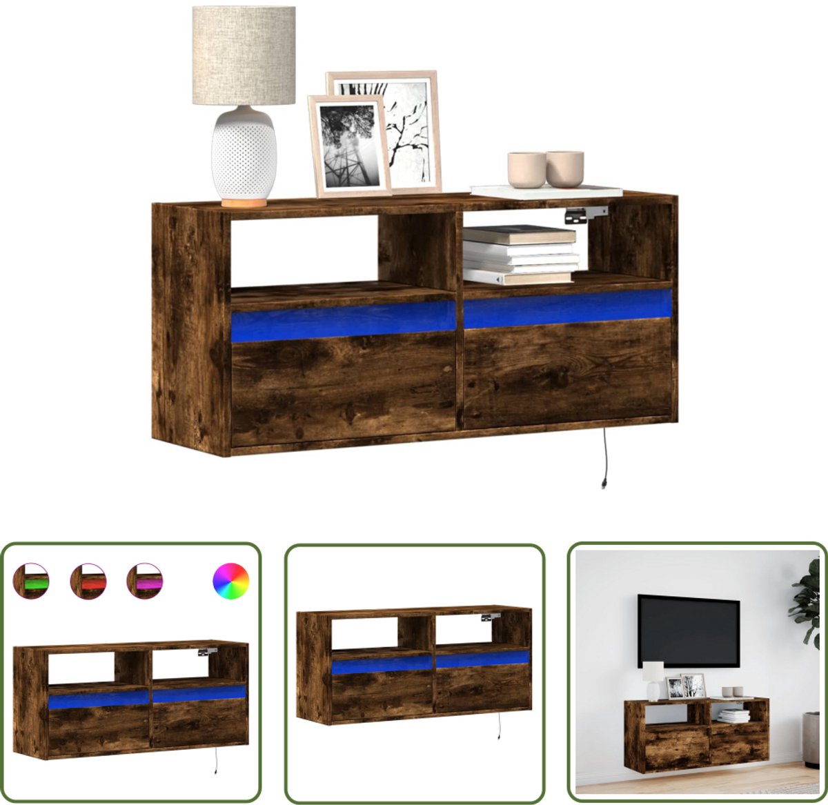 vidaXL Tv Kast - Tv Meubel - Tv-wandmeubel met LED-verlichting 100x31x45 cm gerookt eiken - Wandmontage - Led Verlichting - Opbergruimte