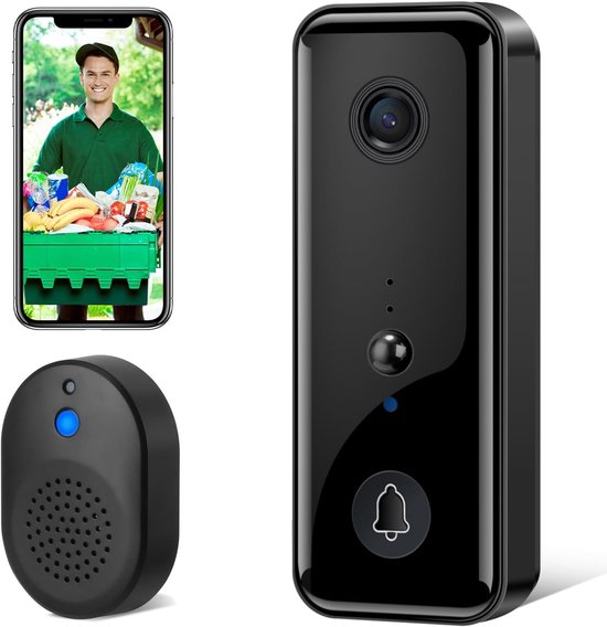 Zwarte videodeurbel met camera en bijpassende deurbelknop. In een kleiner scherm een bezorger met boodschappen.