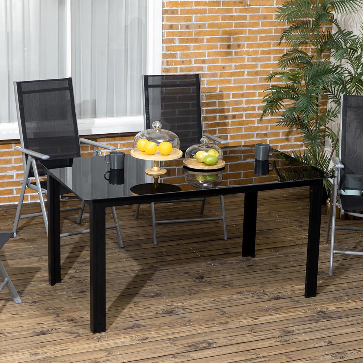 Sweiko Tuintafel - Weerbestendig - Metaal - Glazen tafelblad - 150×90×74 cm - Zwart
