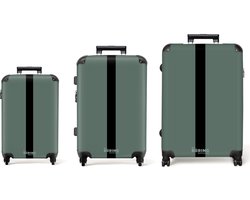 NoBoringSuitcases.com® - Kofferset 3 delig - Koffer lichtgewicht - Groen met zwarte streep - Reiskoffer set met 4 wielen - Handbagage trolley - Middelgrote rolkoffer - Ruimbagage koffer - Koffers met TSA slot