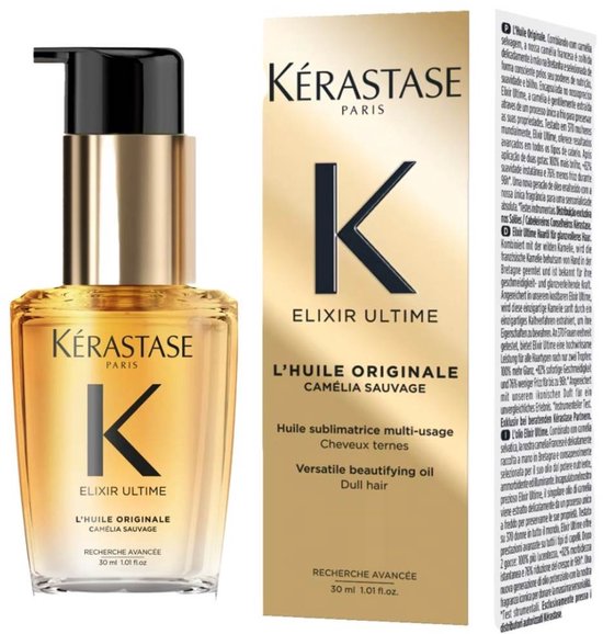 Flacon et boîte Kérastase Elixir Ultime L'Huile Originale avec texte en néerlandais et en anglais.