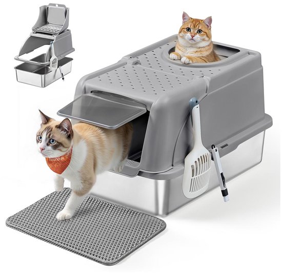 Kattenbak - RVS - Met schepje en borstel – Duifgrijs