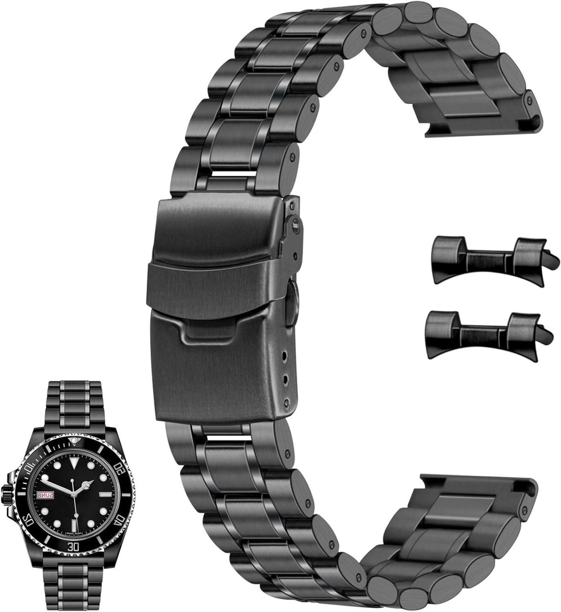 ByShane - Roestvrij stalen horlogeband 22 mm voor mannen en vrouwen - Quick release vervangende armband - Dubbele vouwgesp - Zilver en zwart - Gebogen uiteinde recht einde