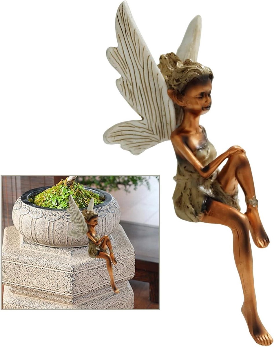 ByShane - Fairy Figuren met Vleugels en Bloemen - Zittende Tuin Sculptuur - Ornament voor Woondecoratie - Karakteristieke Tuindecoratie