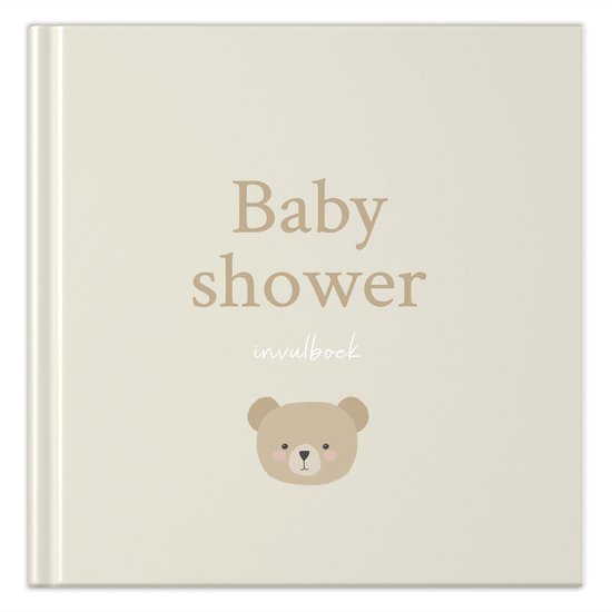 Crème baby shower invulboek met teddybeer print en 'Baby shower invulboek' tekst.