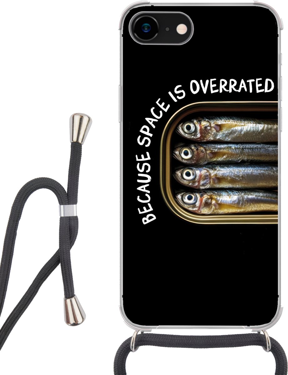 Telefoonhoesje Geschikt voor iPhone 7 - Sardines - Tekst - Vis - Blik - Siliconen - Crossbody - Backcover met Koord - Telefoonhoesje met koord - Hoesje met touw Telefoonhoesje