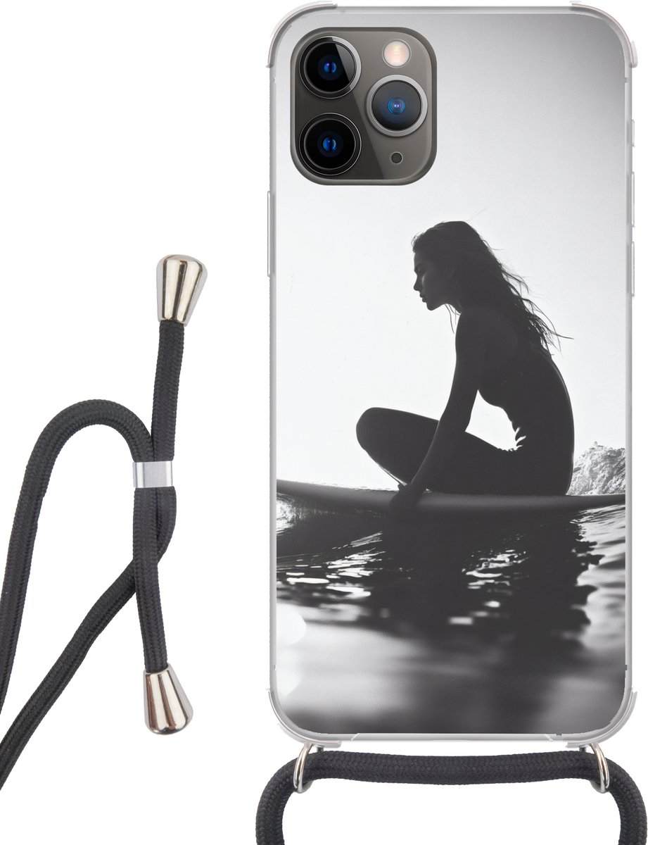 Telefoonhoesje Geschikt voor iPhone 11 Pro - Silhouet - Vrouw - Surfplank - Water - Siliconen - Crossbody - Backcover met Koord - Telefoonhoesje met koord - Hoesje met touw Telefoonhoesje
