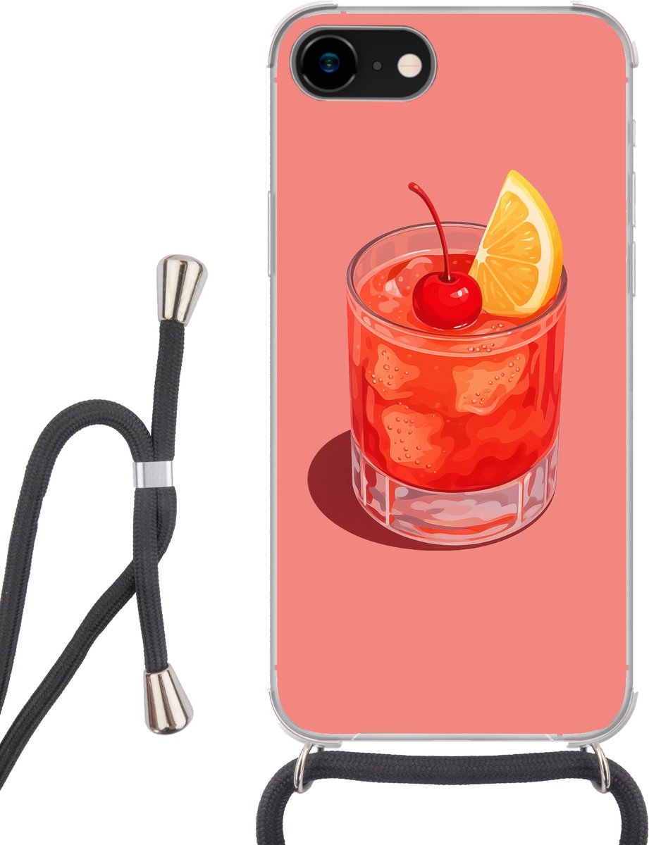 Telefoonhoesje Geschikt voor iPhone SE 2020 - Glas - Ijsblokjes - Citroen - Kers - Siliconen - Crossbody - Backcover met Koord - Telefoonhoesje met koord - Hoesje met touw Telefoonhoesje