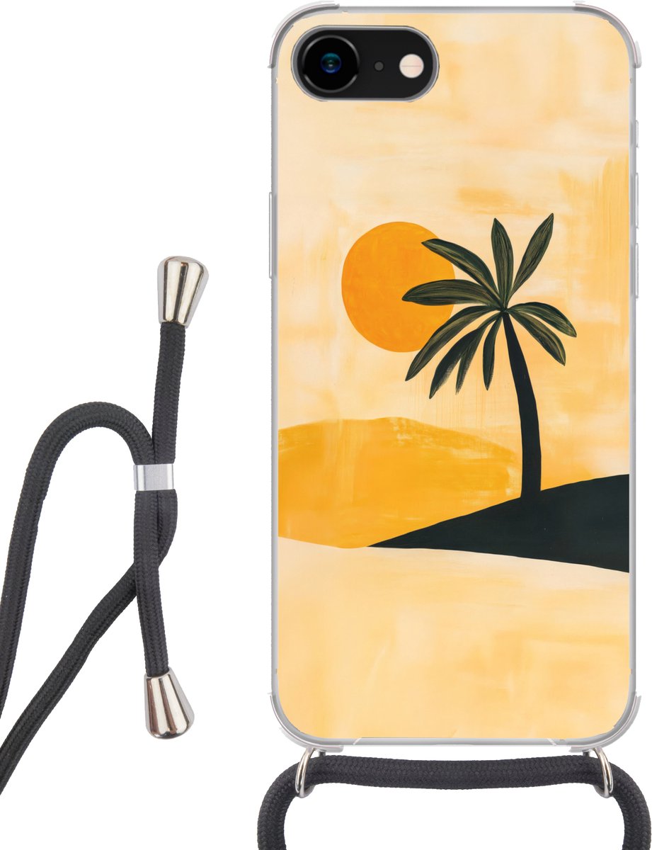 Telefoonhoesje Geschikt voor iPhone SE 2020 - Illustratie - Palmboom - Zon - Heuvels - Siliconen - Crossbody - Backcover met Koord - Telefoonhoesje met koord - Hoesje met touw Telefoonhoesje