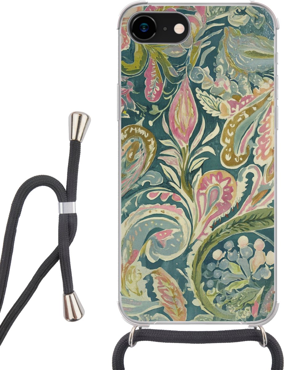 Telefoonhoesje Geschikt voor iPhone SE 2020 - Patroon - Kleurrijk - Sierlijk - Groen - Siliconen - Crossbody - Backcover met Koord - Telefoonhoesje met koord - Hoesje met touw Telefoonhoesje