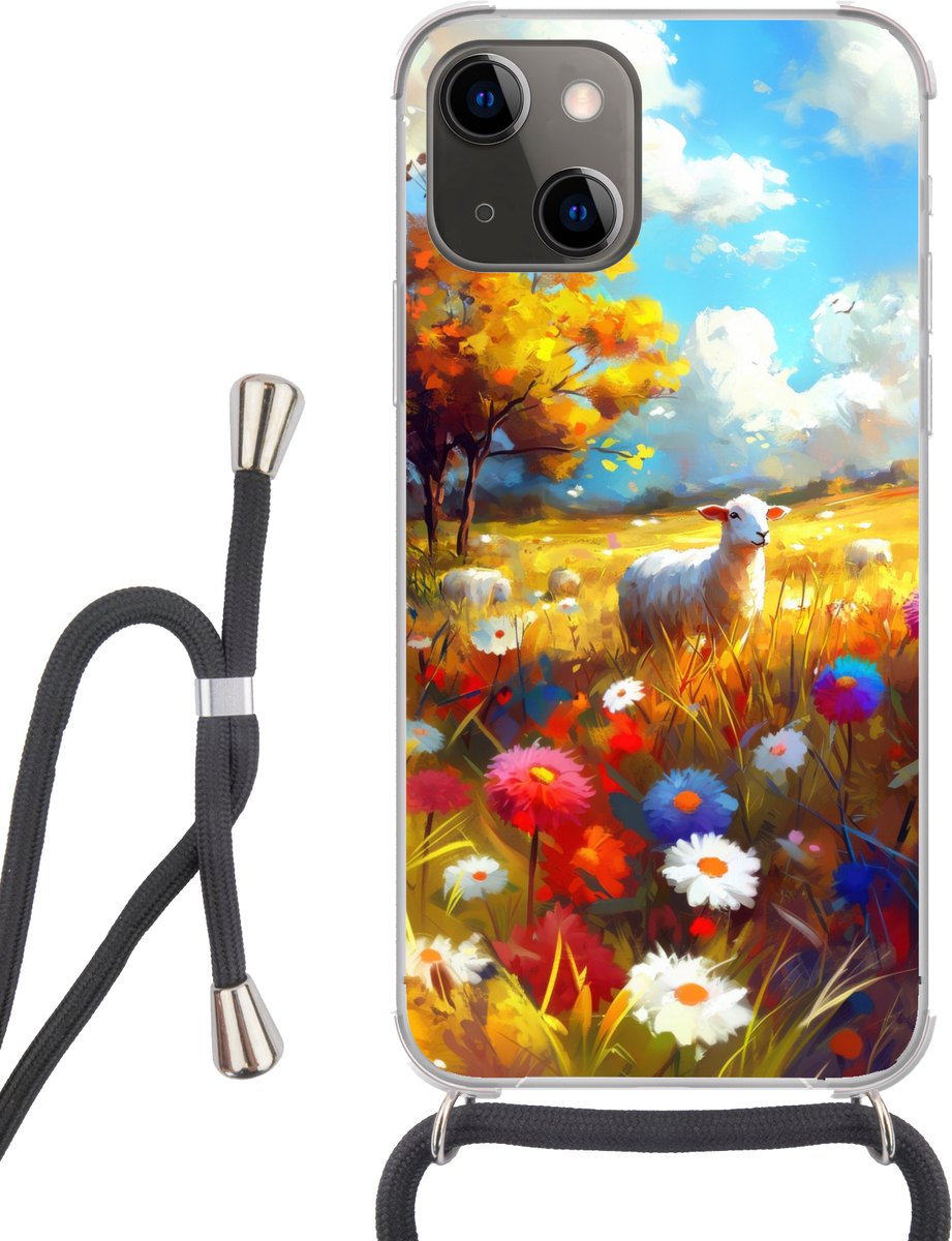 Telefoonhoesje Geschikt voor iPhone 13 Mini - Schaap - Weide - Bloemen - Siliconen - Crossbody - Backcover met Koord - Telefoonhoesje met koord - Hoesje met touw Telefoonhoesje