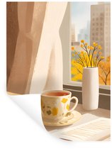 Muurstickers - Sticker Folie - Thee - Boek - Thee - Herfst - 90x120 cm - Plakfolie - Muurstickers Kinderkamer - Zelfklevend Behang - Zelfklevend behangpapier - Stickerfolie