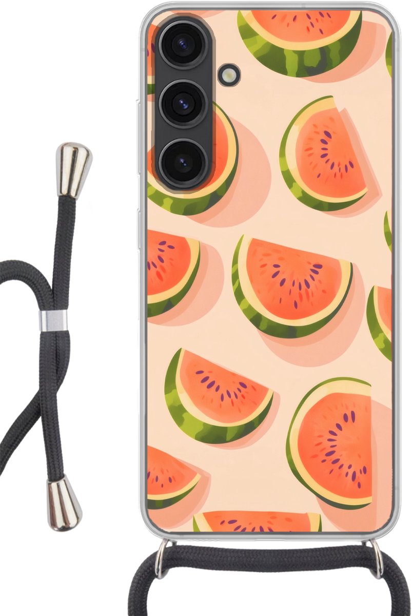 Telefoonhoesje Geschikt voor Samsung Galaxy S24 Plus - Watermeloen - Schijfjes - Pitten - Rood - Siliconen - Crossbody - Backcover met Koord - Telefoonhoesje met koord - Hoesje met touw Telefoonhoesje