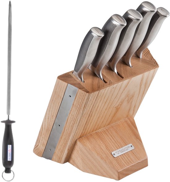 Diamant Sabatier Riyouri Messenblok met aanzetstaal - 6-delig - Naturel Eiken Hout/RVS