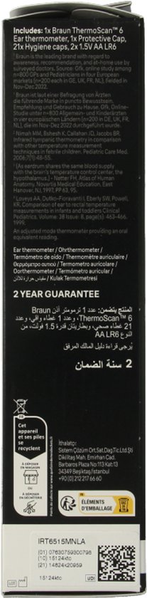 Doos Braun oorthermometer, met gedetailleerde productinformatie en garantie.