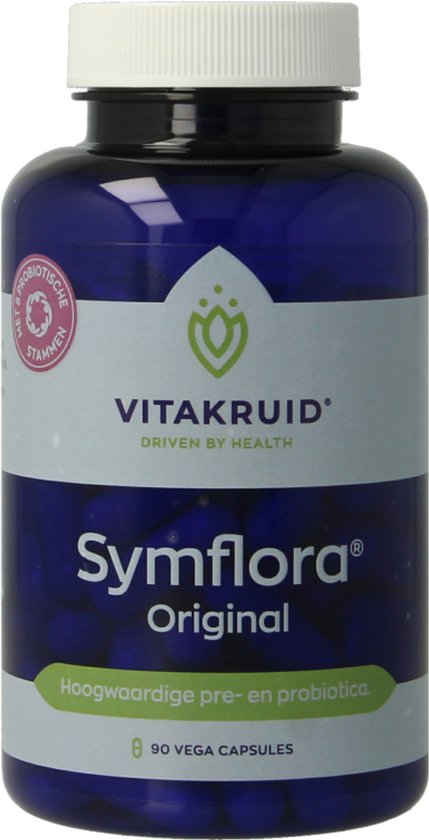 Donkerblauwe pot met 90 vega capsules van Symflora Original. Met logo en productinformatie.