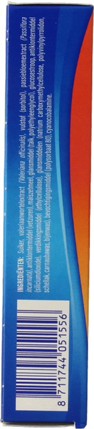 Ingrediënten: valeriaanwortelextract, passiebloemextract. Verpakking met blauw en oranje design.
