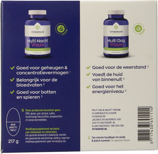 Achterkant van de Vitakruid Multi Dag & Nacht Vrouw verpakking met voordelen, ingrediënten en gebruiksaanwijzing.