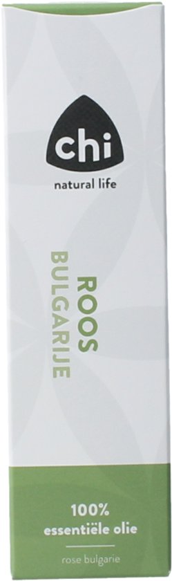 Witte kartonnen verpakking met groene en grijze tekst. Chi Roos Bulgarije 100% essentiële olie.