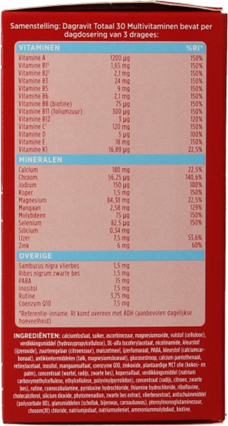 Ingrediëntenlijst met vitamines, mineralen en overige ingrediënten van Dagravit Totaal 30.
