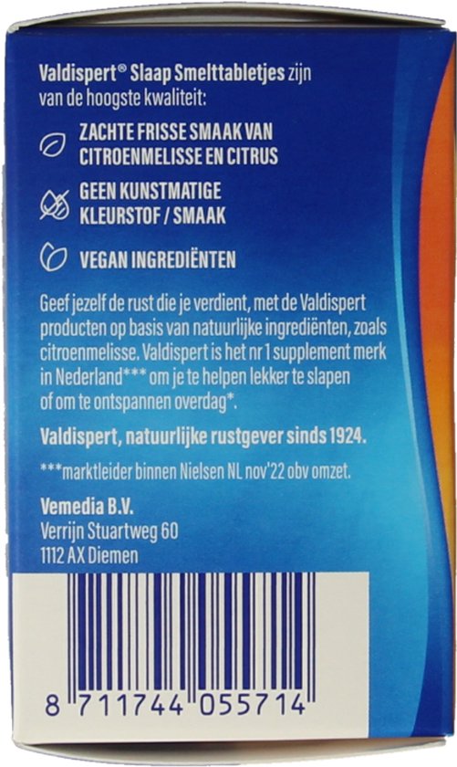Valdispert Slaap Smelttabletjes met citroenmelisse en citrus smaak. Vegan ingrediënten.