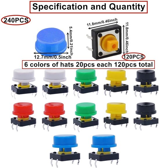 Produktbild von 25er Set Taktiler Tastschalter 12x12x7,3 Mm – Rund, 4-polig, Mit Farbigen Kappen (rot, Blau, Weiß, Gelb, Schwarz) – SMD & Lange Lebensdauer