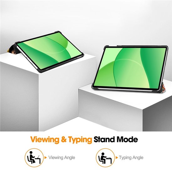 Twee tablets in hoesjes, staand in kijk- en typmodus.