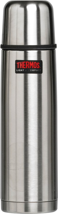 Zilverkleurige Thermos Light & Compact isoleerfles met rood Thermos-logo.
