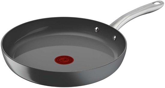 Grijze Tefal koekenpan met zilverkleurige handgreep. De pan heeft een rode thermische indicator in het midden.