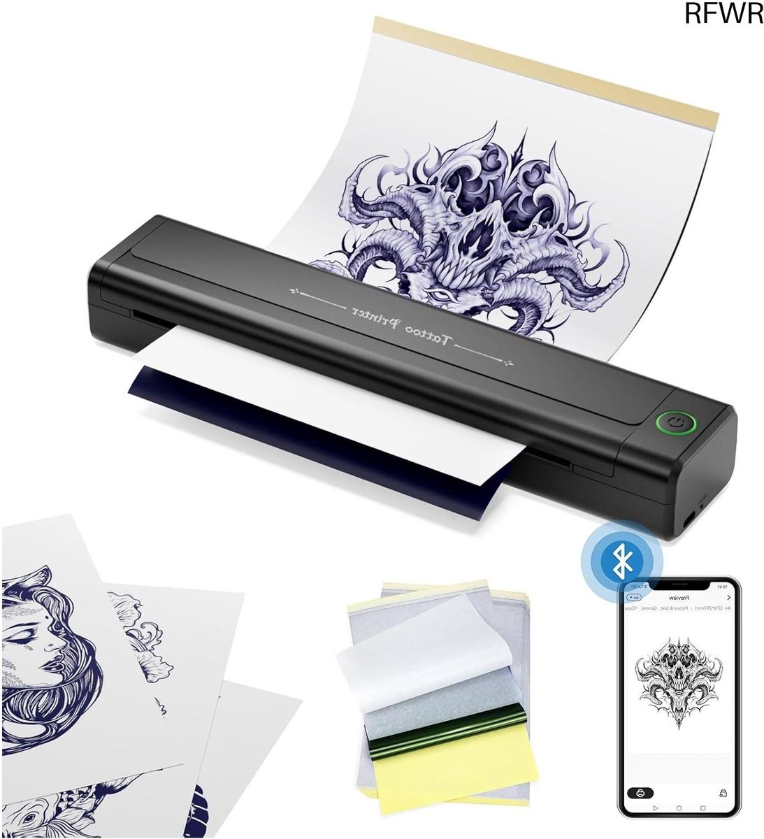 RFWR® Draadloze Tattoo Stencil Printer met Bluetooth en 10 Stuks Tattoo Transfer Papier