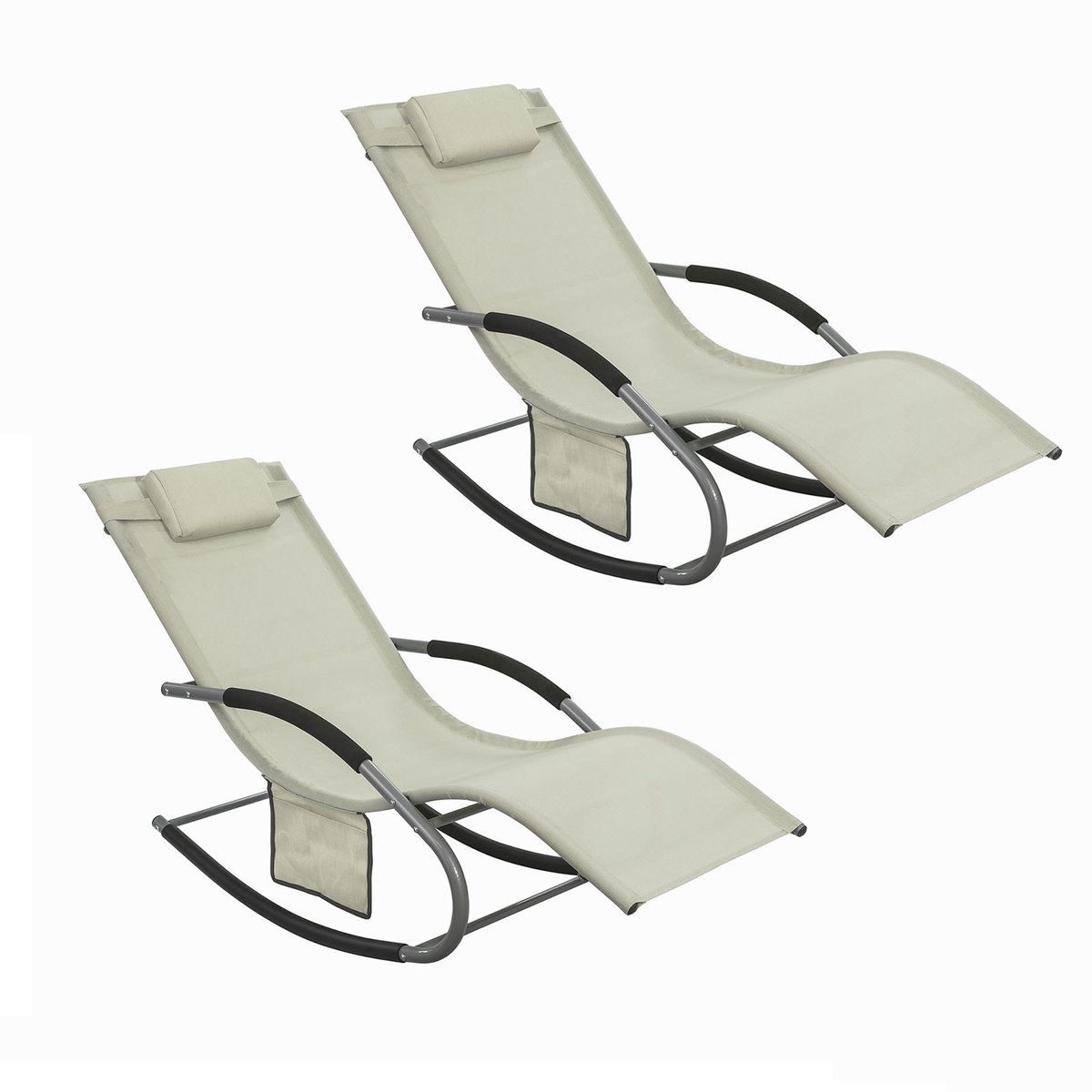 SoBuy Set van 2 Ligstoelen, Tuinstoelen, Schommelstoel met Verstelbare Hoofdsteun, Opbergzak - Voor Tuin, Balkon, Strand, Buiten, Beige, OGS28-MIx2