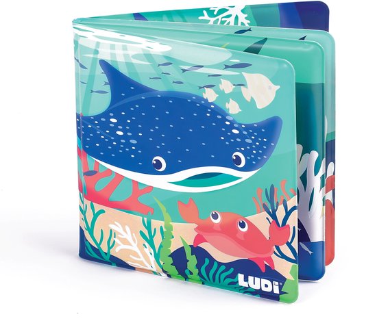 Een waterdicht badboek met een blauwe rog, rode krab en vissen in levendige kleuren.