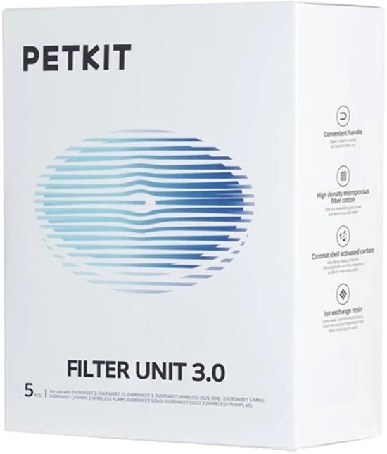 Witte PETKIT verpakking voor FILTER UNIT 3.0, met blauwe abstracte cirkel en tekst.