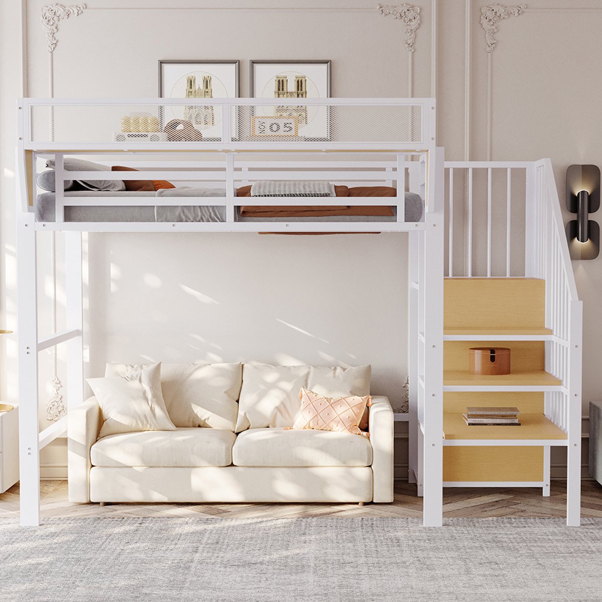 Pugsdrly Stapelbed 90x200 met veiligheidsladder en flexibel opbergvak, metalen bed voor volwassenen, stapelbed voor kinderen, wit