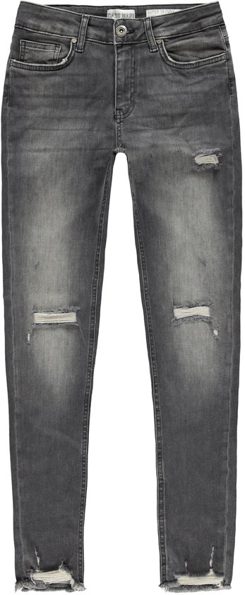 Donkergrijze super skinny jeans, voorkant, met ripped knieën en rafels aan de onderkant.