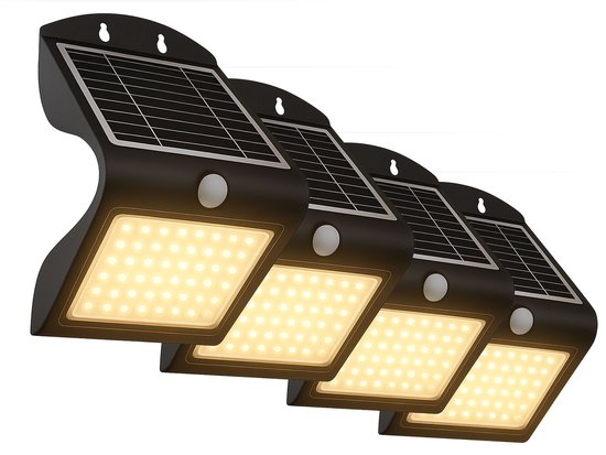 Set van vier zwarte solar wandlampen met een zonnepaneel en LED paneel.