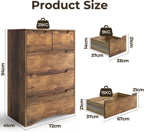 Dimensions d'une commode marron clair à 5 tiroirs et de bacs à tiroirs séparés. Détail grain de bois.
