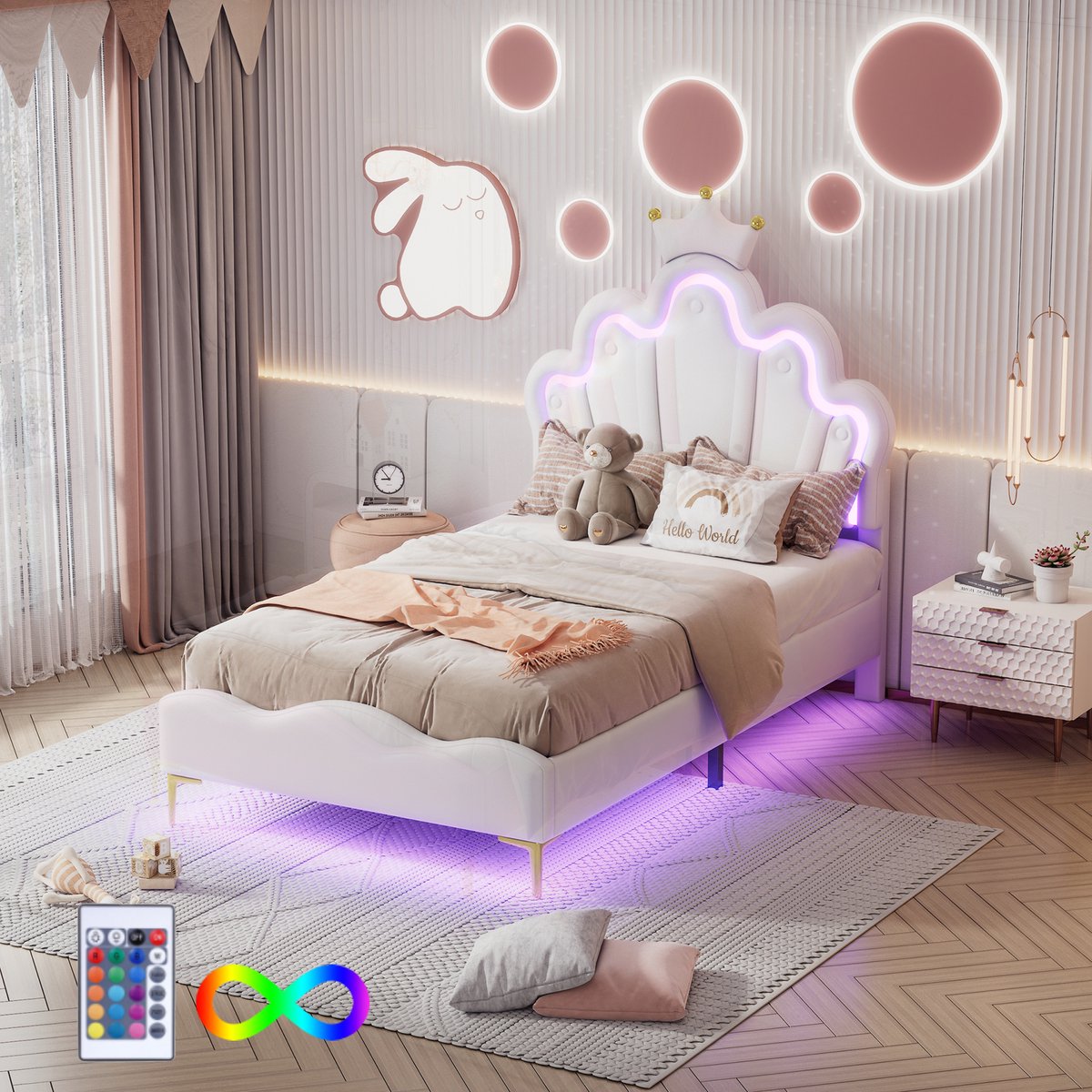 HAUSS SPOLE Kinderbedden 90x200 cm - Kinderbed Met LED Verlichting En Kronenvormig Hoofdbord - Voor Meisjeskamer - MDF - Wit Wit-2