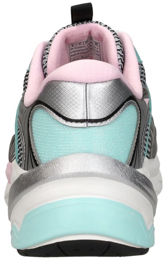 Achterkant van een Skechers S2K sneaker in zilver, roze en mintgroen.