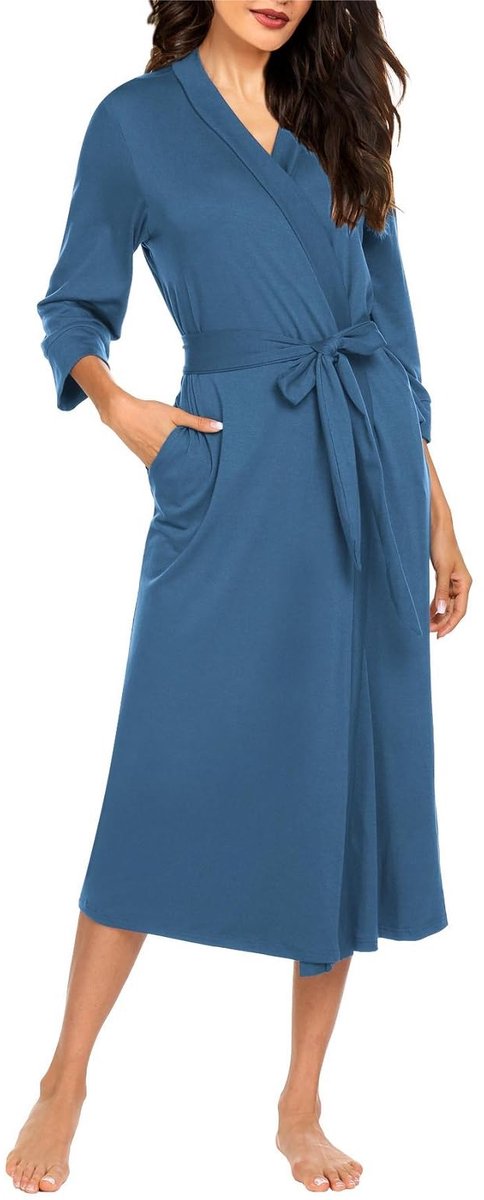 Dames Kimono Badjas - Lange Zachte Lichtgewicht - Met Zakken - Voor Thuis of Wellness - Donkerblauw Maat S