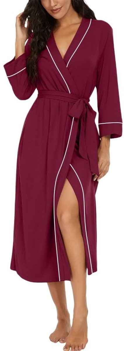 Dames Kimono Morgenjas - Lichtgewicht - Lang - Met 3/4 Mouwen - Voor Loungewear en Sauna - Wijnrood - Maat S