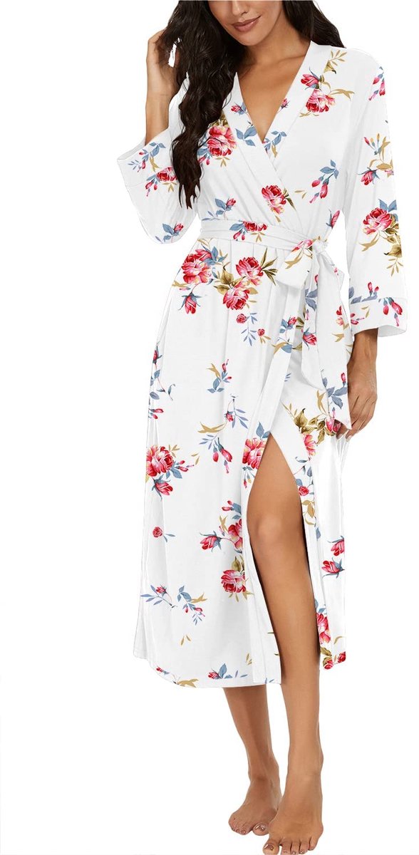 Dames Badjas - Zacht Lichtgewicht Lange Kimono met V-hals - Voor Thuis, Reizen en Sauna - Wit, Maat L