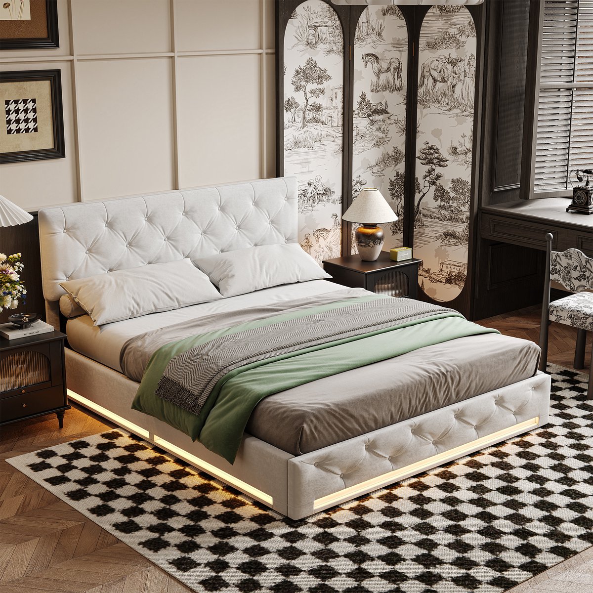 Boxspringbed 140x200 cm met Hydraulische Opbergruimte, Lattenbodem, LED-verlichting, Tweepersoonsbed Gestoffeerd in Linnen Beige