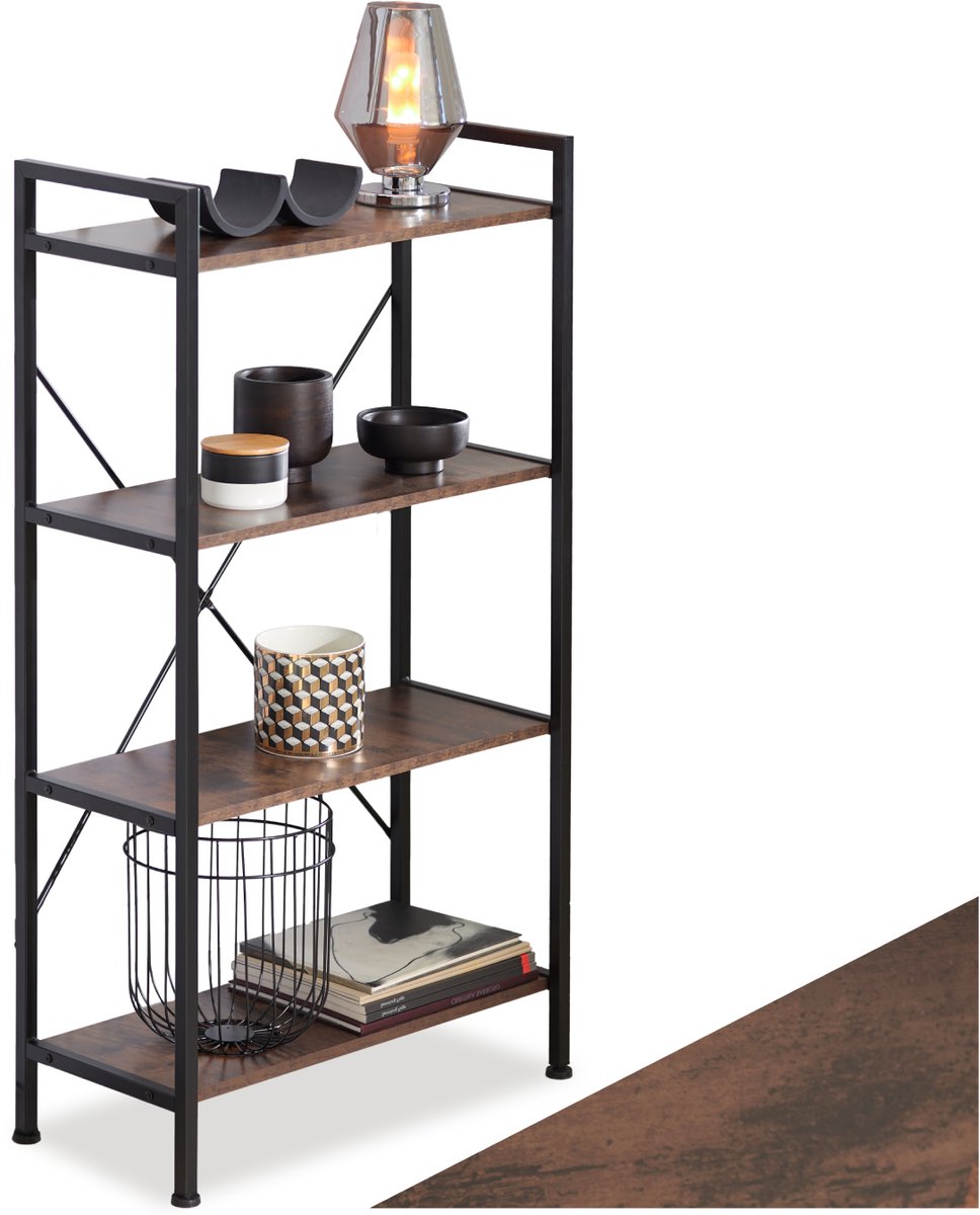 tectake® Boekenkast met 4 Niveaus - Stevige Staande Plank in Industrieel Design - Zwart Metalen Frame, Vintage Houten Plank - 67,5 x 31,5 x 121,5 cm - (donkerbruin)