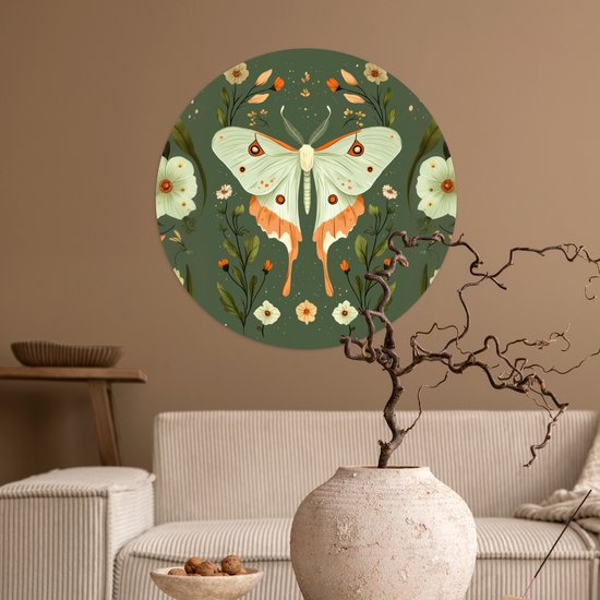 WallCircle® - Papier peint cercle 80x80 cm - Stickers muraux Fleurs - Feuilles - Vert olive - Papillon - Cercle mural salon - Cercle mural chambre - Décoration de chambre autocollante - Accessoires de Décoration murale