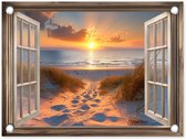 Tuinposter 40x30 cm - Tuindecoratie Doorkijk - Strand - Duinen - Zonsondergang - Poster voor in de tuin - Buiten decoratie - Schutting tuinschilderij - Tuindoek muurdecoratie - Wanddecoratie balkondoek