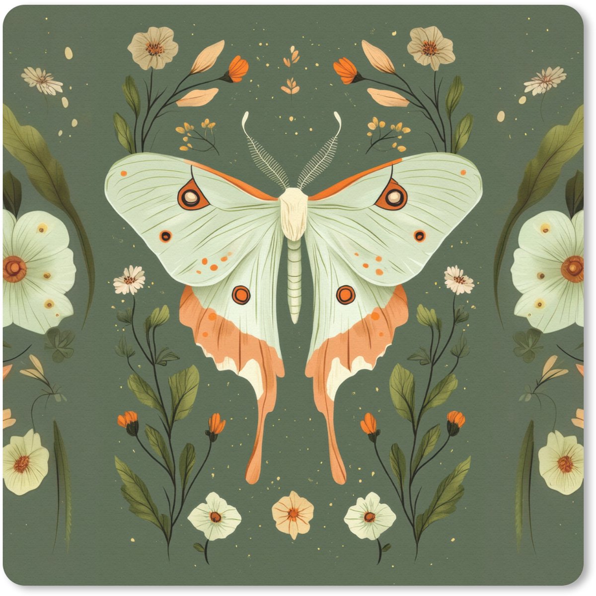 Muismat 20x20 cm - Mousepad Bloemen - Bladeren - Olijfgroen - Vlinder - Muismatten