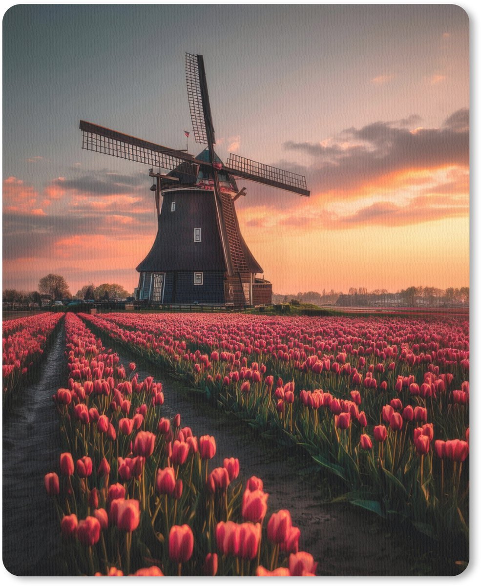 Muismat 19x23 cm - Mousepad Molen - Zonsondergang - Tulpen - Rood - Muismatten
