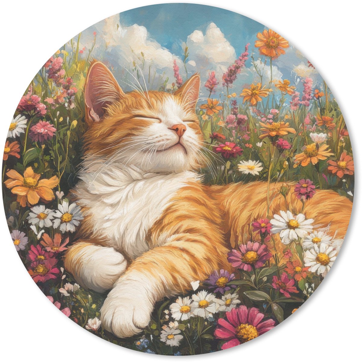 Muismat rond 20x20 cm - Mousepad Kat - Bloemen - Ontspannen - Ronde muismatten